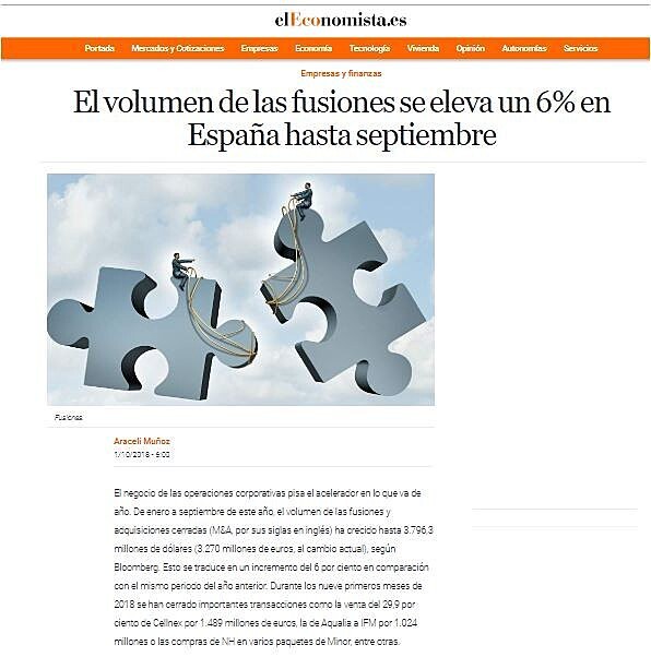 El volumen de las fusiones se eleva un 6% en Espaa hasta septiembre